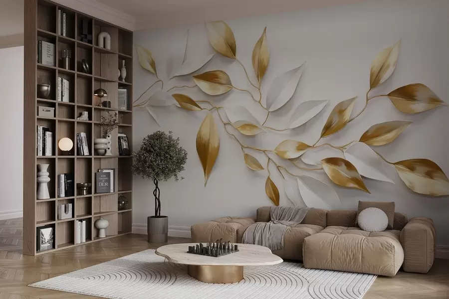 murales de pared Hojas amarillas y blancas sobre una rama , diseño elegante, fondo blanco, estilo minimalista, arte decorativo , inspirado en la naturaleza w09015