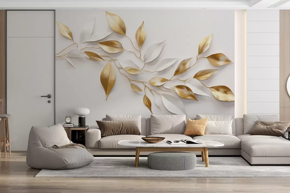 murales de pared Hojas amarillas y blancas sobre una rama , diseño elegante, fondo blanco, estilo minimalista, arte decorativo , inspirado en la naturaleza w09015