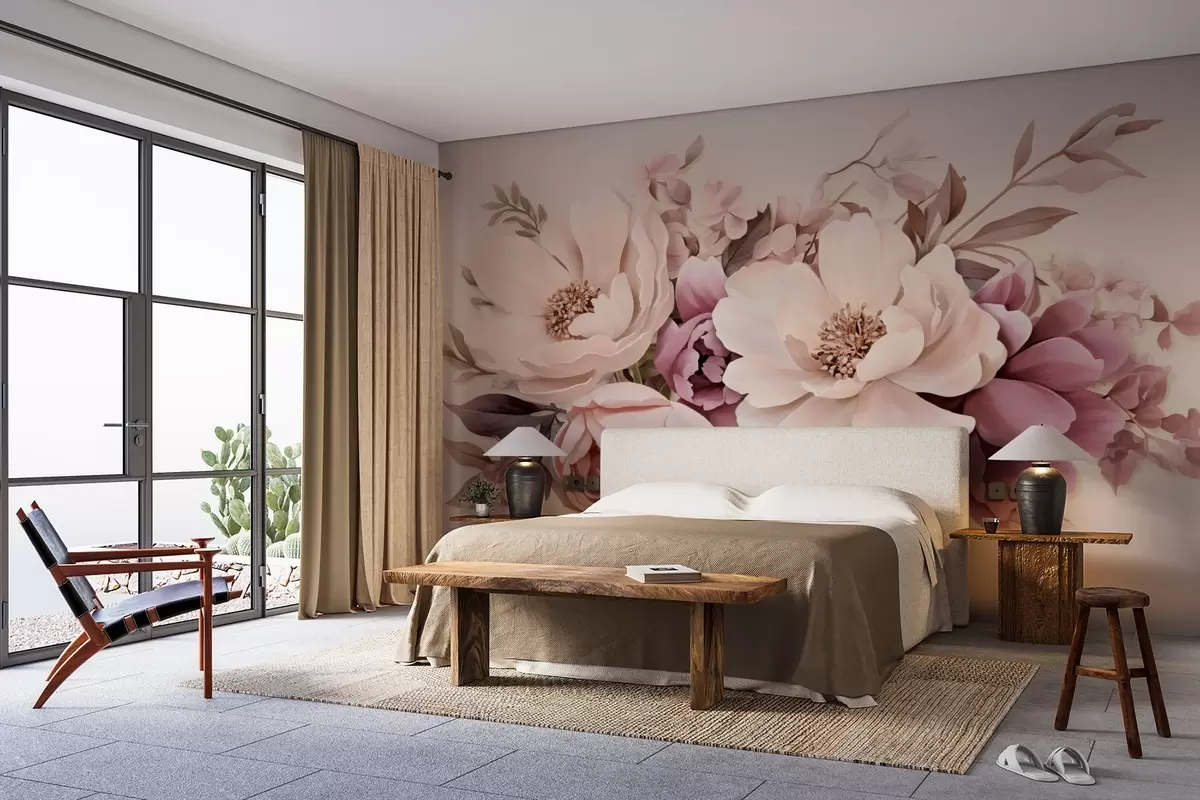 murales de pared Delicada composición de flores rosas y beige, peonías con hojas w09019