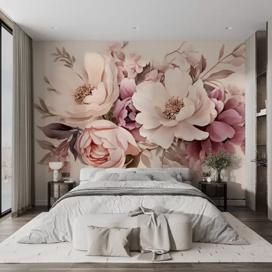 murales de pared Delicada composición de flores rosas y beige, peonías con hojas w09019