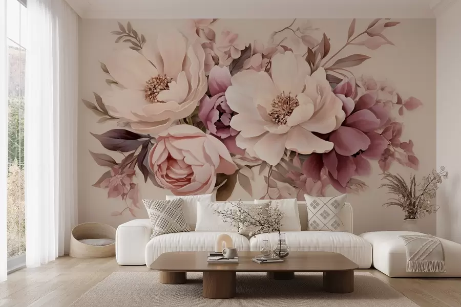 murales de pared Delicada composición de flores rosas y beige, peonías con hojas w09019