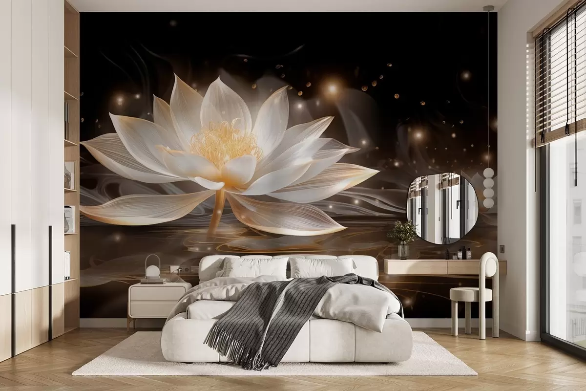 murales de pared Elegantes nenúfares blancos sobre agua oscura w09021