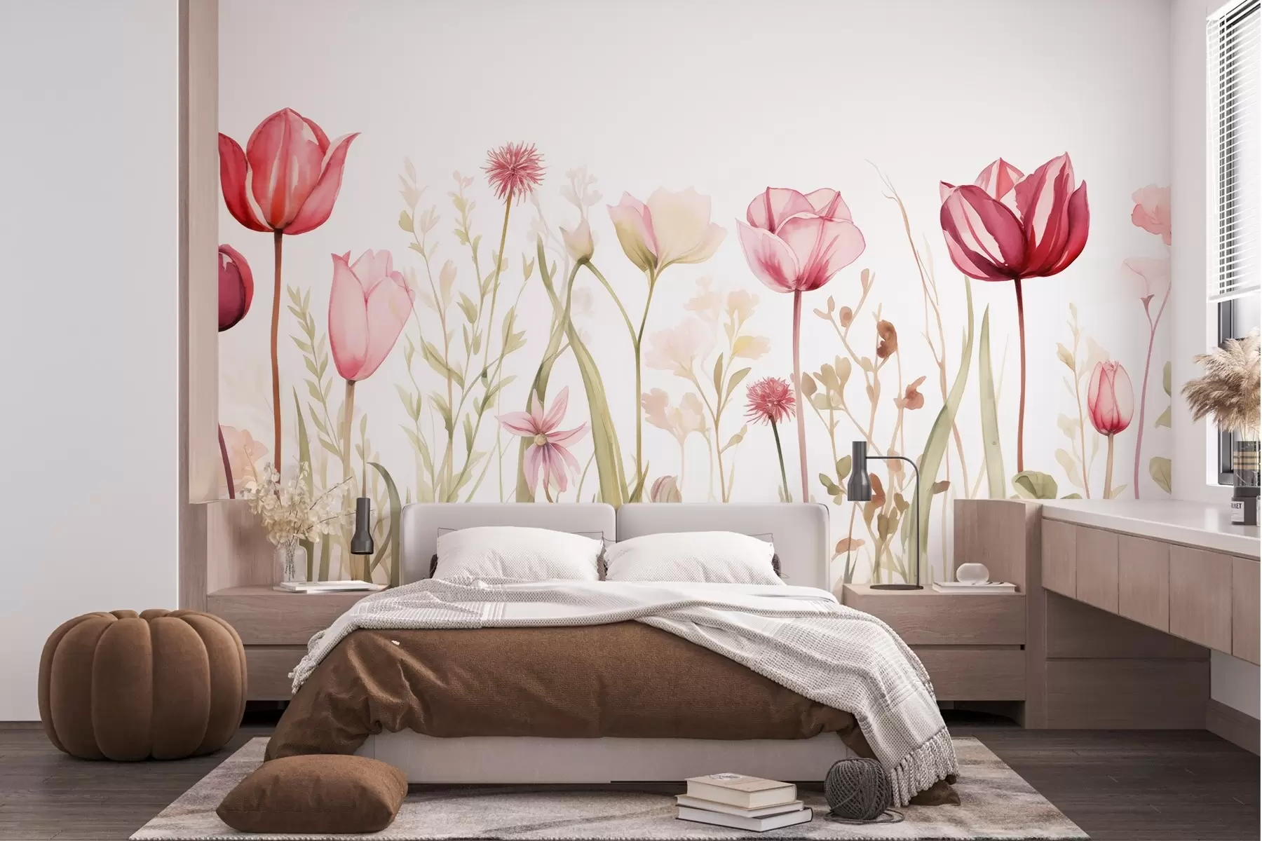 murales de pared Suavidad del prado,Tulipanes, flores, tallos, hojas, plantas silvestres w03785