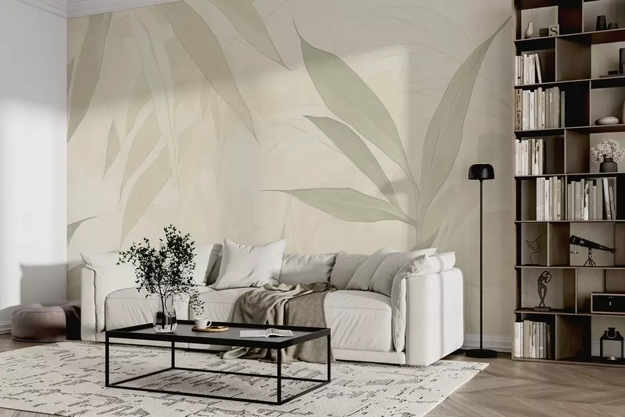 murales de pared Ramas con hojas en suaves tonos verdes sobre fondo beige w09027