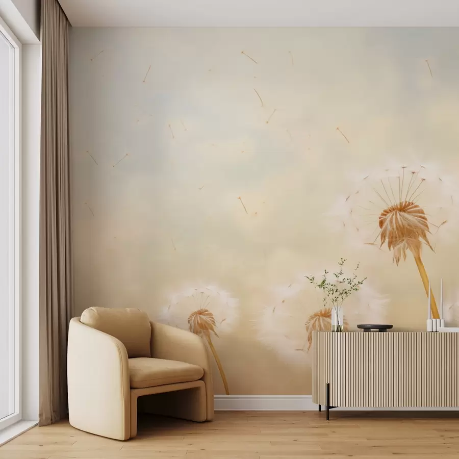 murales de pared Dientes de león de color beige soplando en el viento contra el cielo w09028