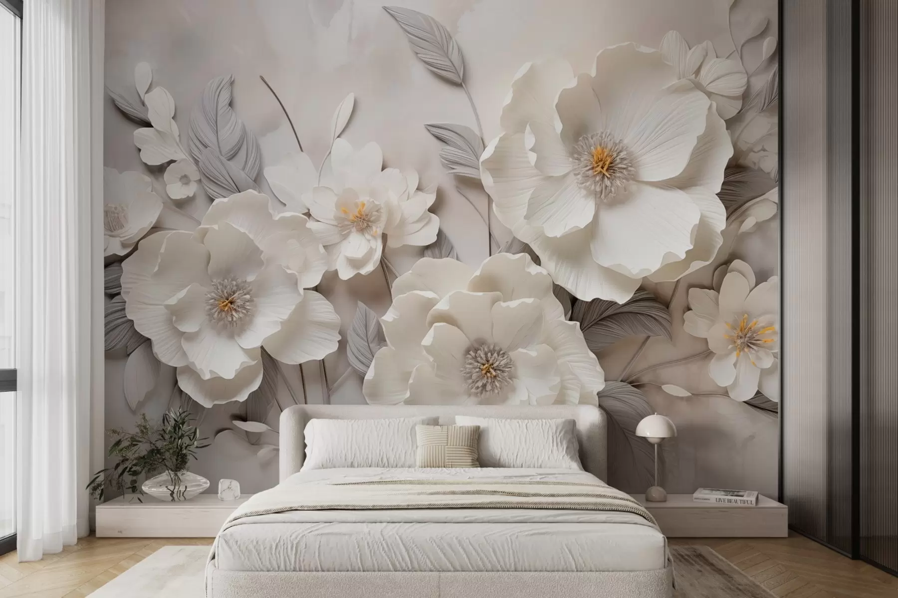 murales de pared Elegantes flores blancas con pétalos finos y estambres amarillos sobre fondo gris w09029