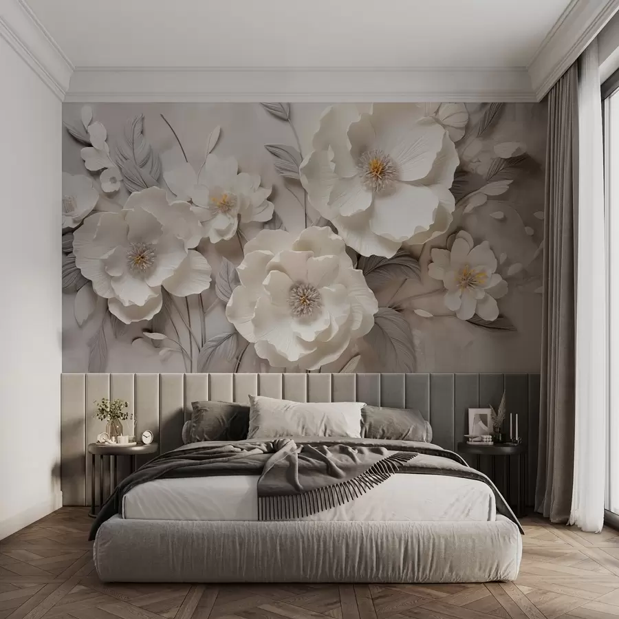 murales de pared Elegantes flores blancas con pétalos finos y estambres amarillos sobre fondo gris w09029