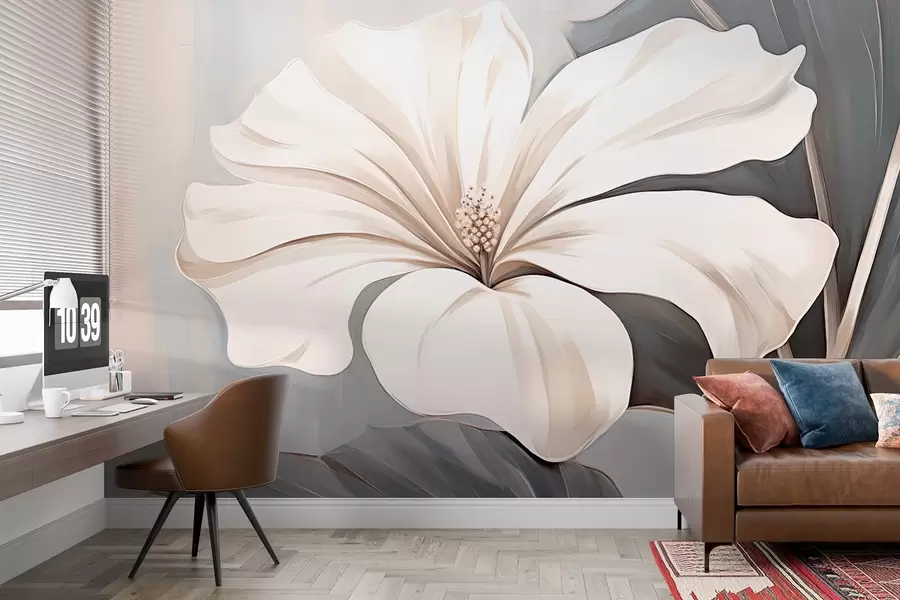 murales de pared Gran flor blanca con pétalos sobre fondo azul grisáceo w09033