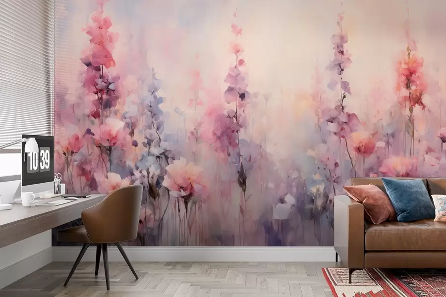 murales de pared Coloridas flores silvestres en estilo acuarela: lilas, amapolas, margaritas w09038