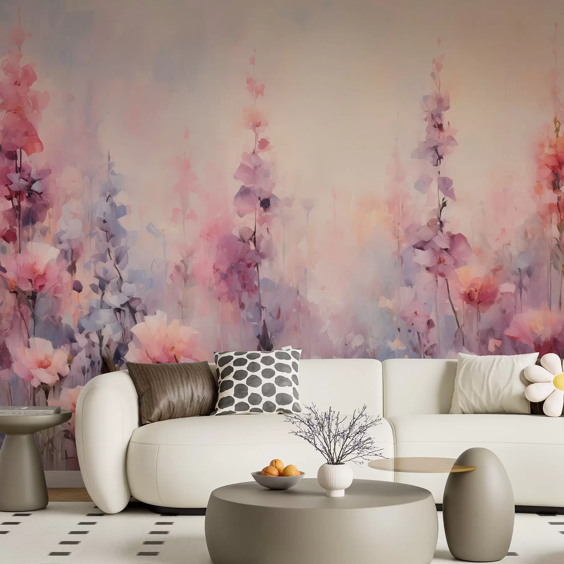 murales de pared Coloridas flores silvestres en estilo acuarela: lilas, amapolas, margaritas w09038