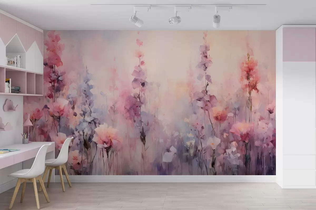 murales de pared Coloridas flores silvestres en estilo acuarela: lilas, amapolas, margaritas w09038