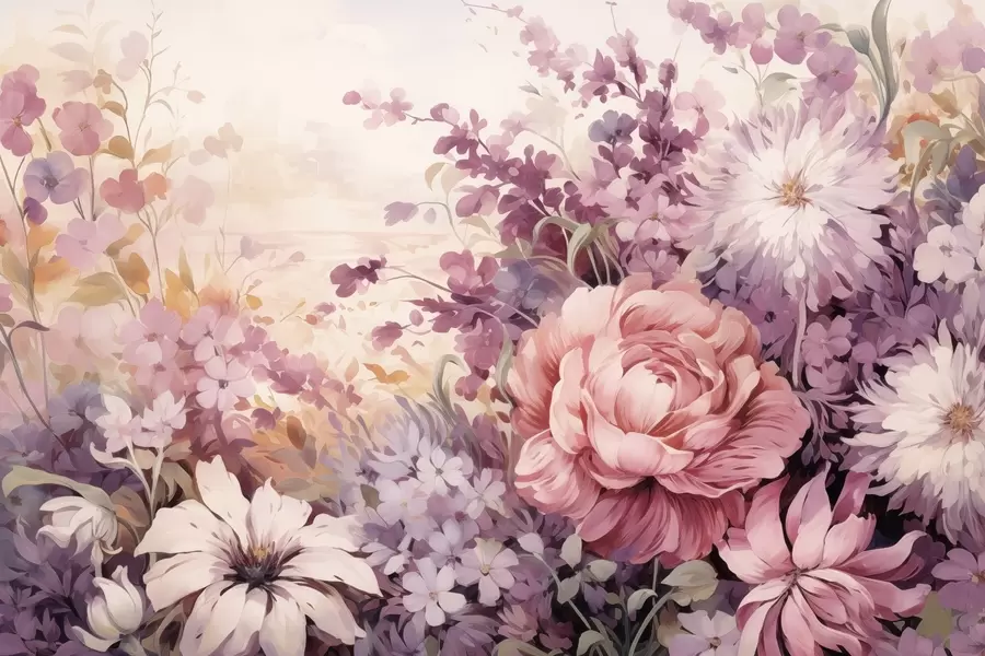 murales de pared Flores coloridas en tonos rosas y morados: lilas, peonías, crisantemos w09039