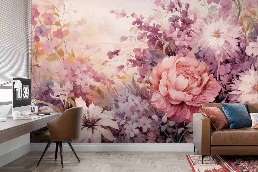 murales de pared Flores coloridas en tonos rosas y morados: lilas, peonías, crisantemos w09039