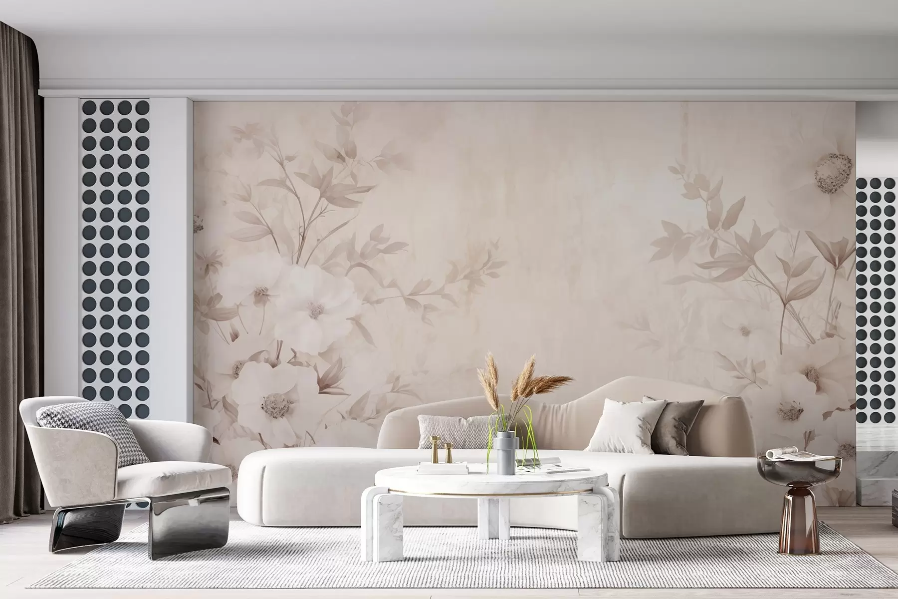 murales de pared Flores con hojas en tonos claros neutros en estilo acuarela w09040