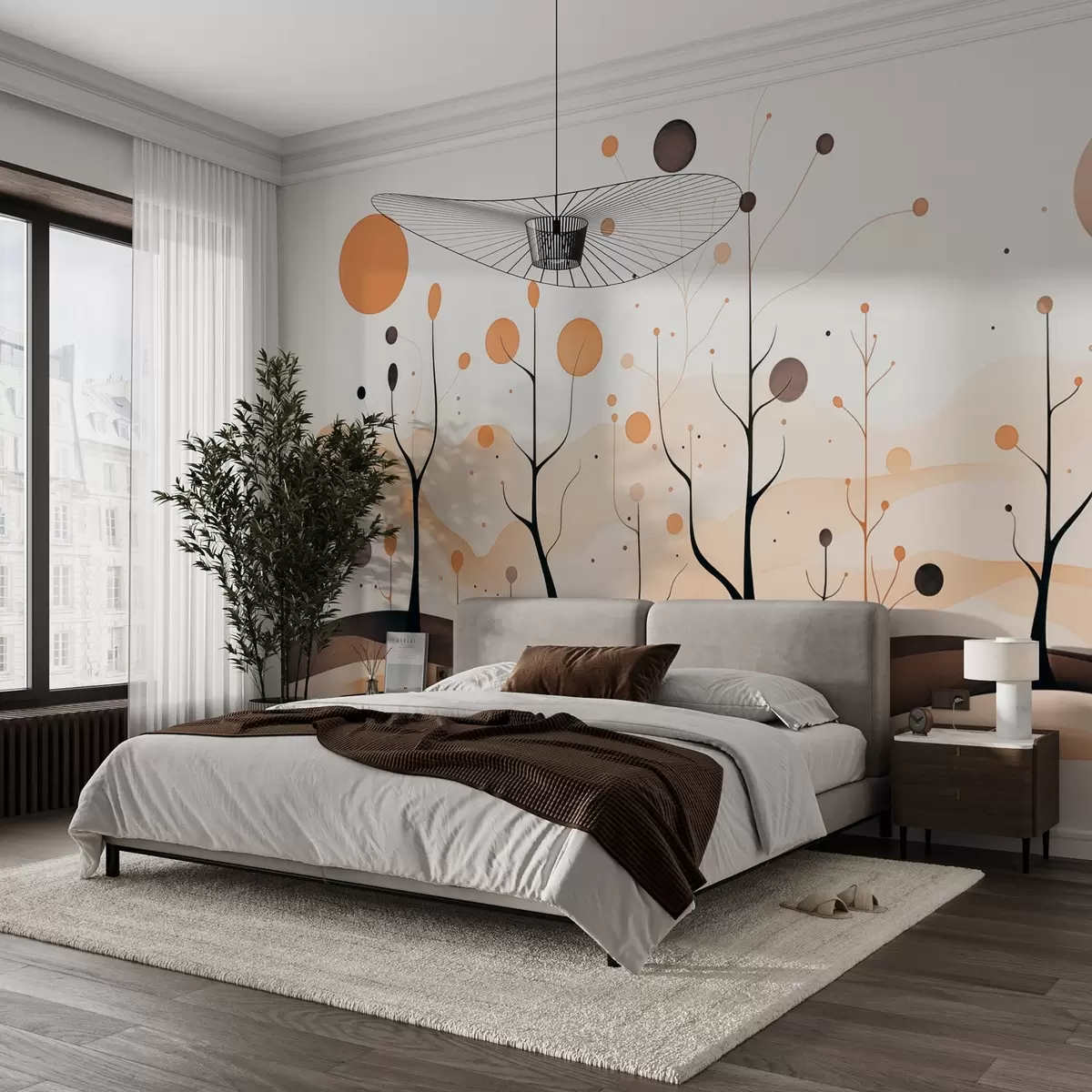 murales de pared Árboles abstractos con esferas y sol en tonos beige-gris w09043