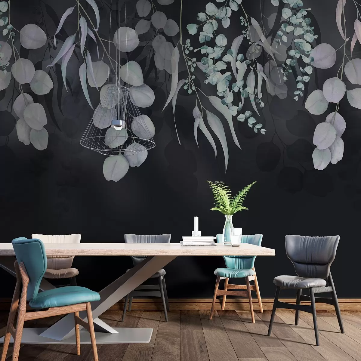 murales de pared Hojas tropicales sobre fondo azul oscuro, floral w03752v2