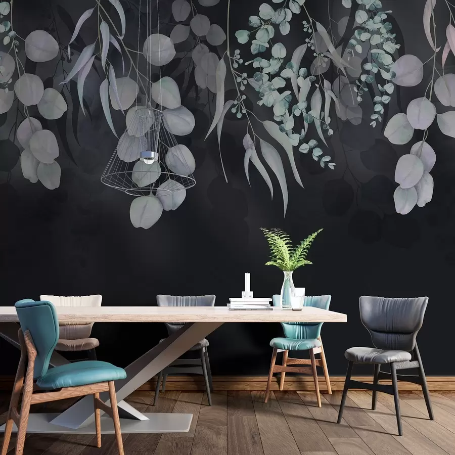 murales de pared Hojas tropicales sobre fondo azul oscuro, floral w03752v2