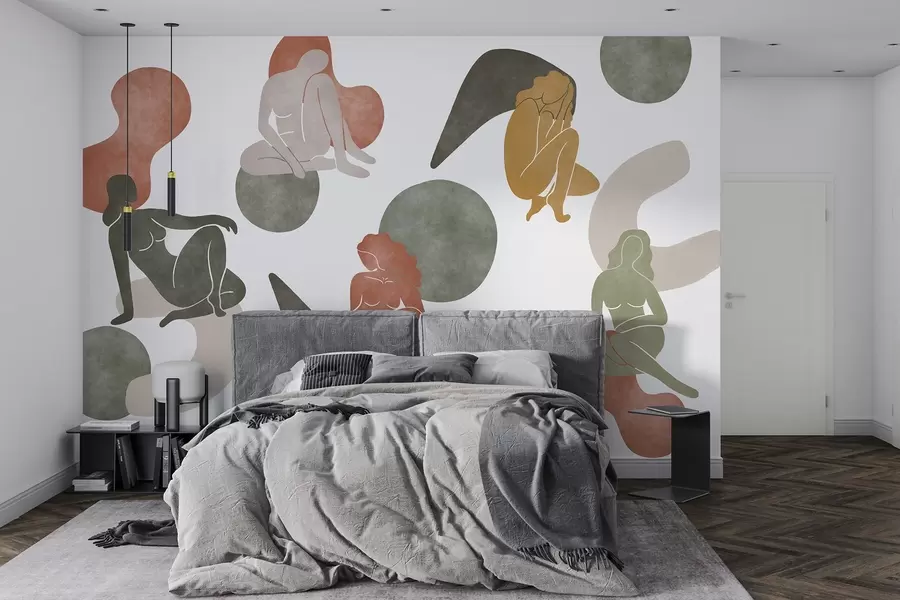murales de pared Abstracciones geométricas con siluetas femeninas, estilo boho, marrón, beige, verde w03753