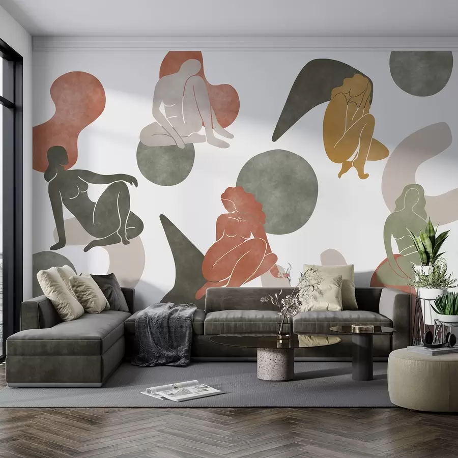 murales de pared Abstracciones geométricas con siluetas femeninas, estilo boho, marrón, beige, verde w03753