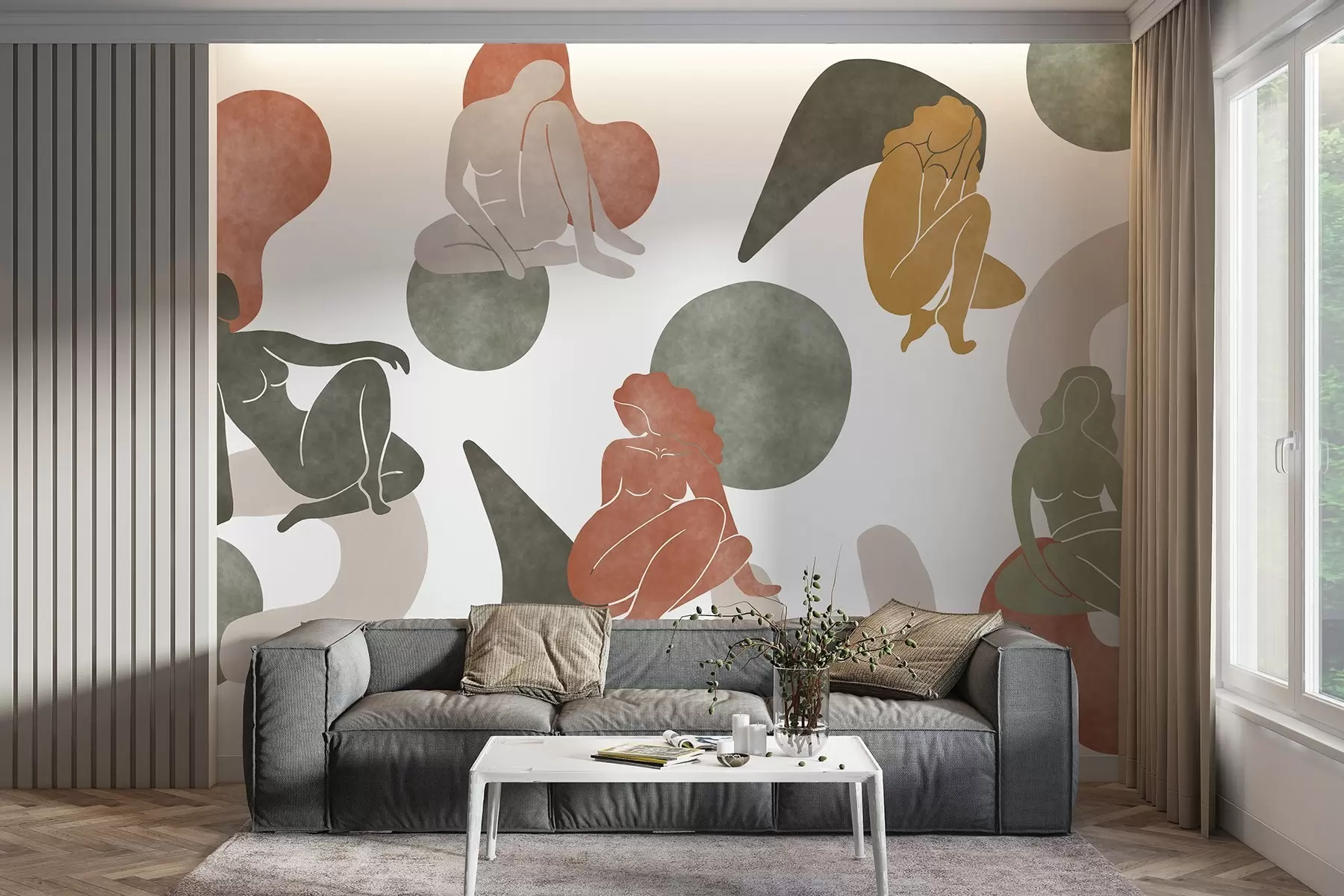 murales de pared Abstracciones geométricas con siluetas femeninas, estilo boho, marrón, beige, verde w03753