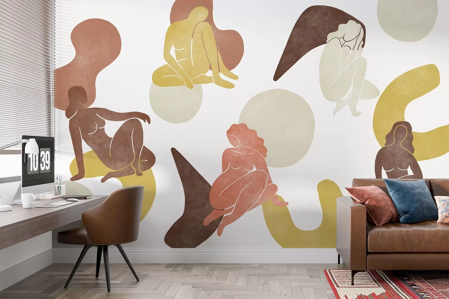 murales de pared Abstracciones geométricas con siluetas femeninas, estilo boho, marrón, beige, amarillo w03753v2