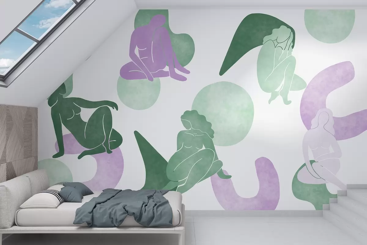 murales de pared Abstracciones geométricas con siluetas femeninas, estilo boho, morado, verde w03753v4