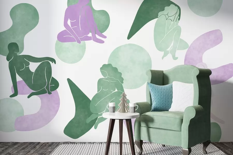 murales de pared Abstracciones geométricas con siluetas femeninas, estilo boho, morado, verde w03753v4