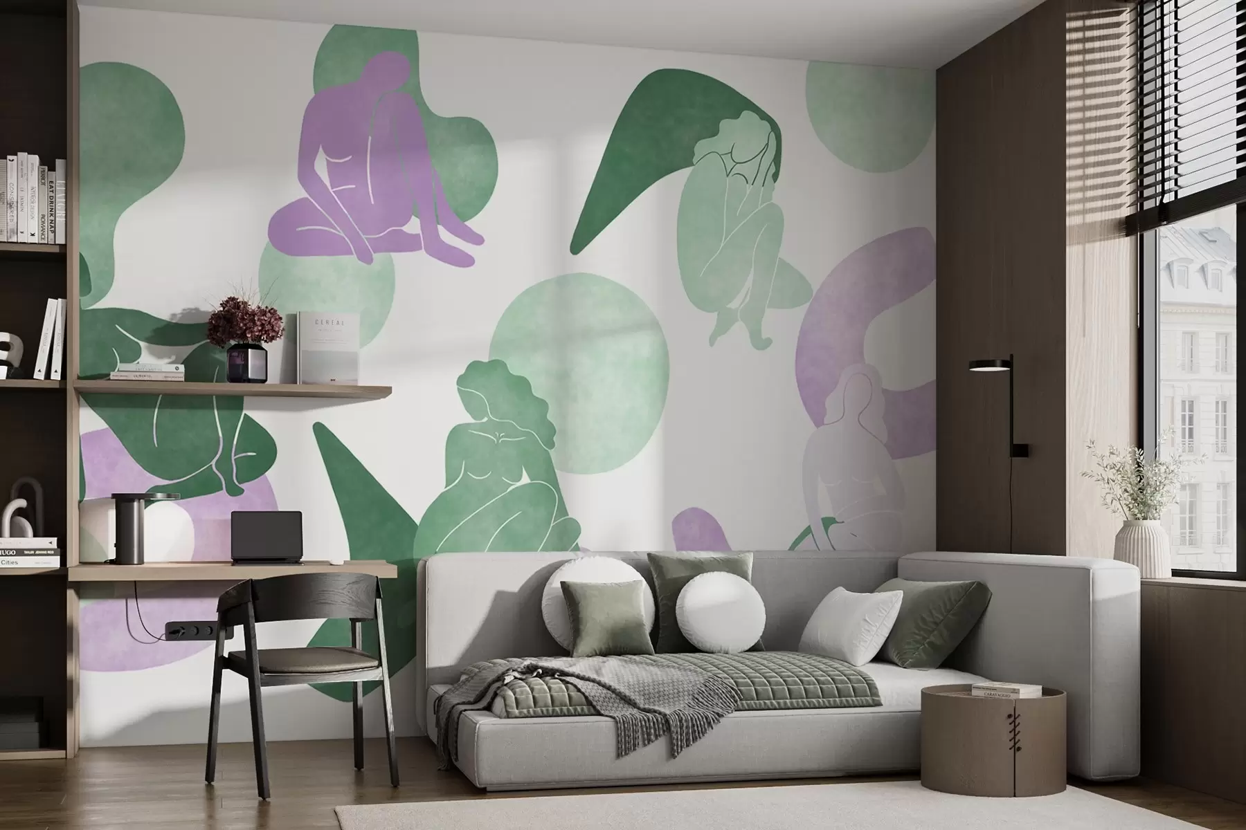 murales de pared Abstracciones geométricas con siluetas femeninas, estilo boho, morado, verde w03753v4