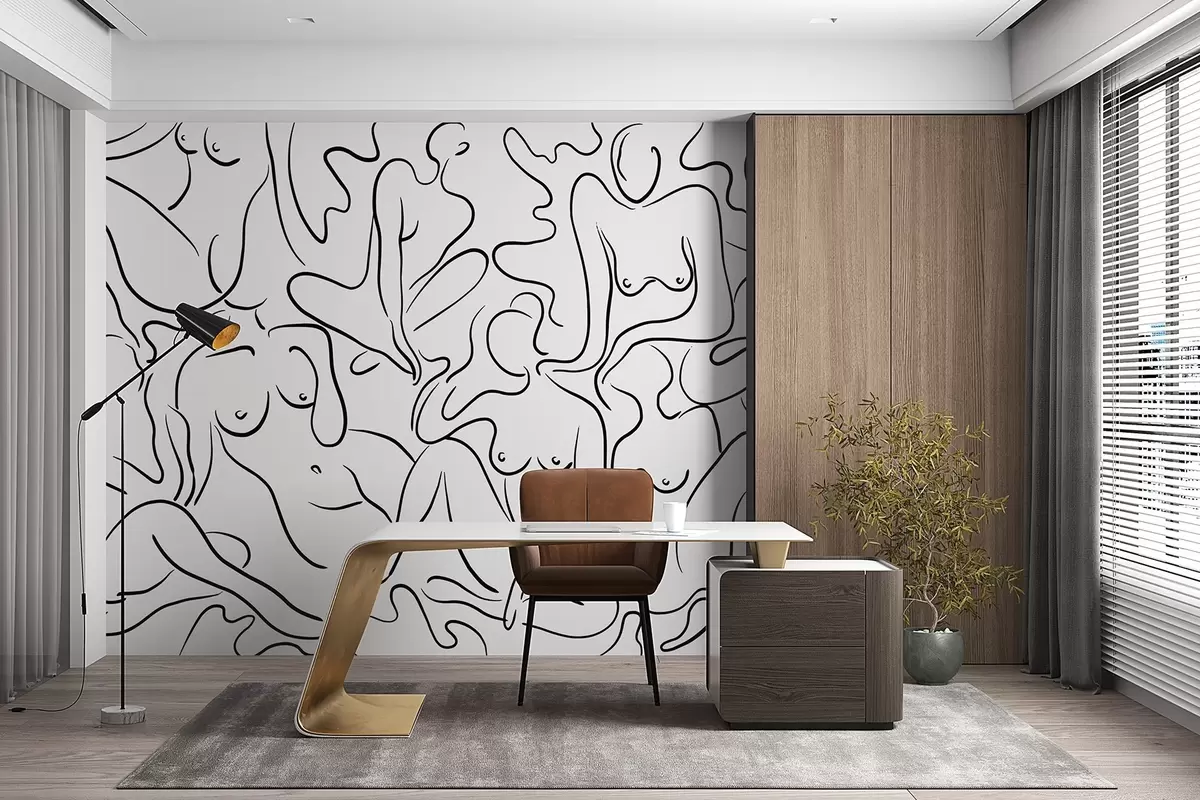 murales de pared Dibujo lineal siluetas de cuerpos de mujeres, abstracción, color negro w03755
