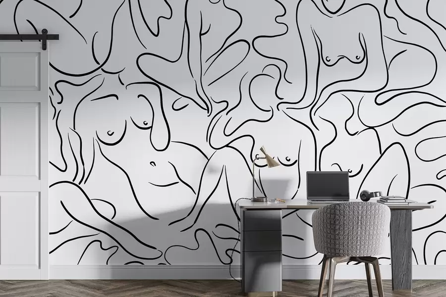 murales de pared Dibujo lineal siluetas de cuerpos de mujeres, abstracción, color negro w03755