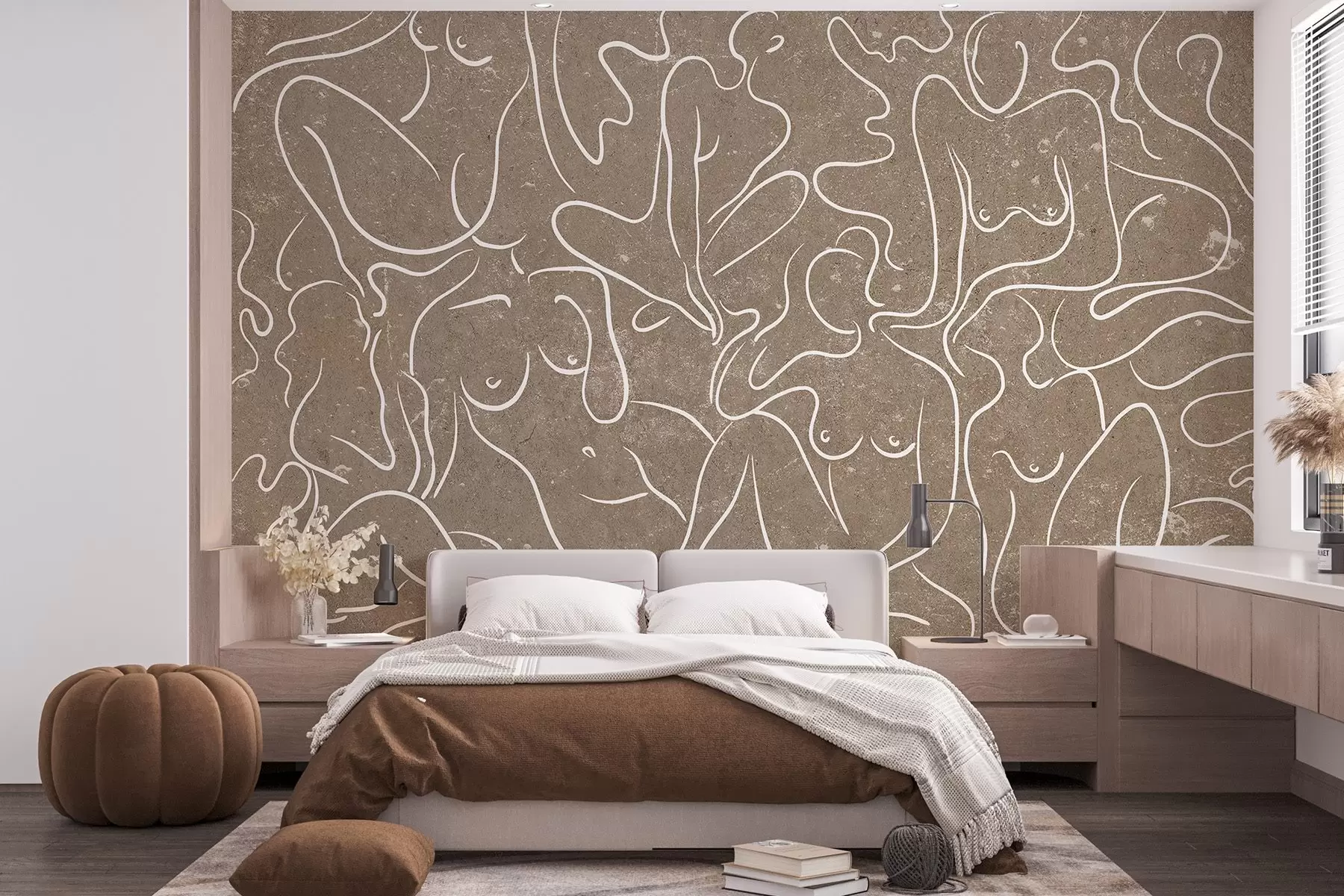 murales de pared Dibujo lineal siluetas anatómicas, abstracción, fondo beige  w03756