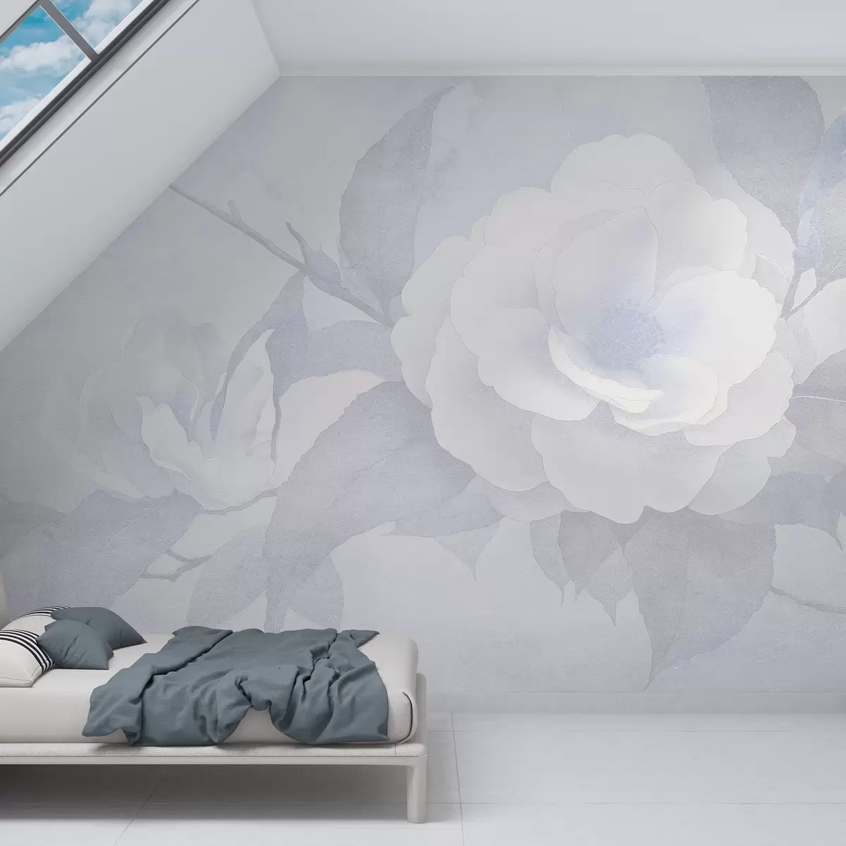 murales de pared Pastel suave con flores de camelia en la rama, colores azules w03760v1