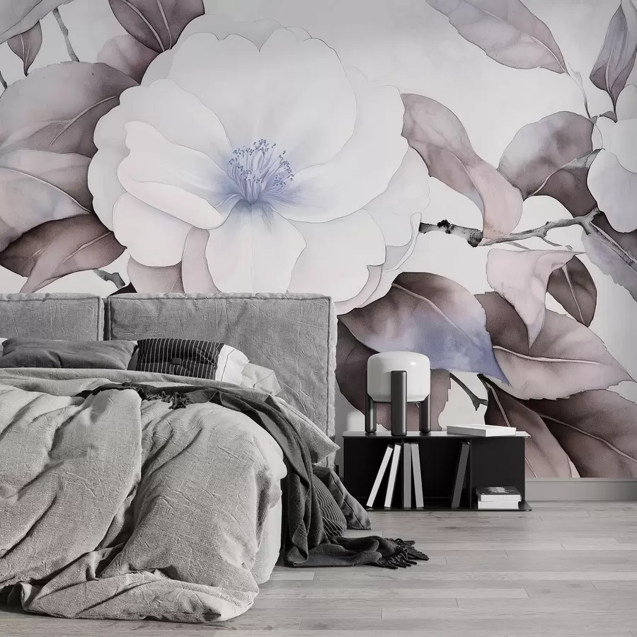 murales de pared Acuarela estilo flores de camelia en la rama, los colores púrpura w03761v1