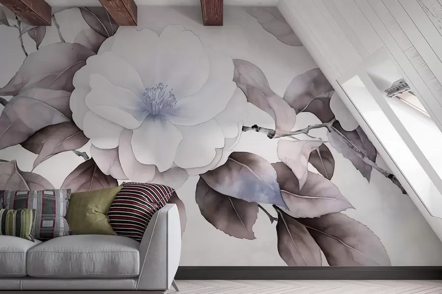 murales de pared Acuarela estilo flores de camelia en la rama, los colores púrpura w03761v1