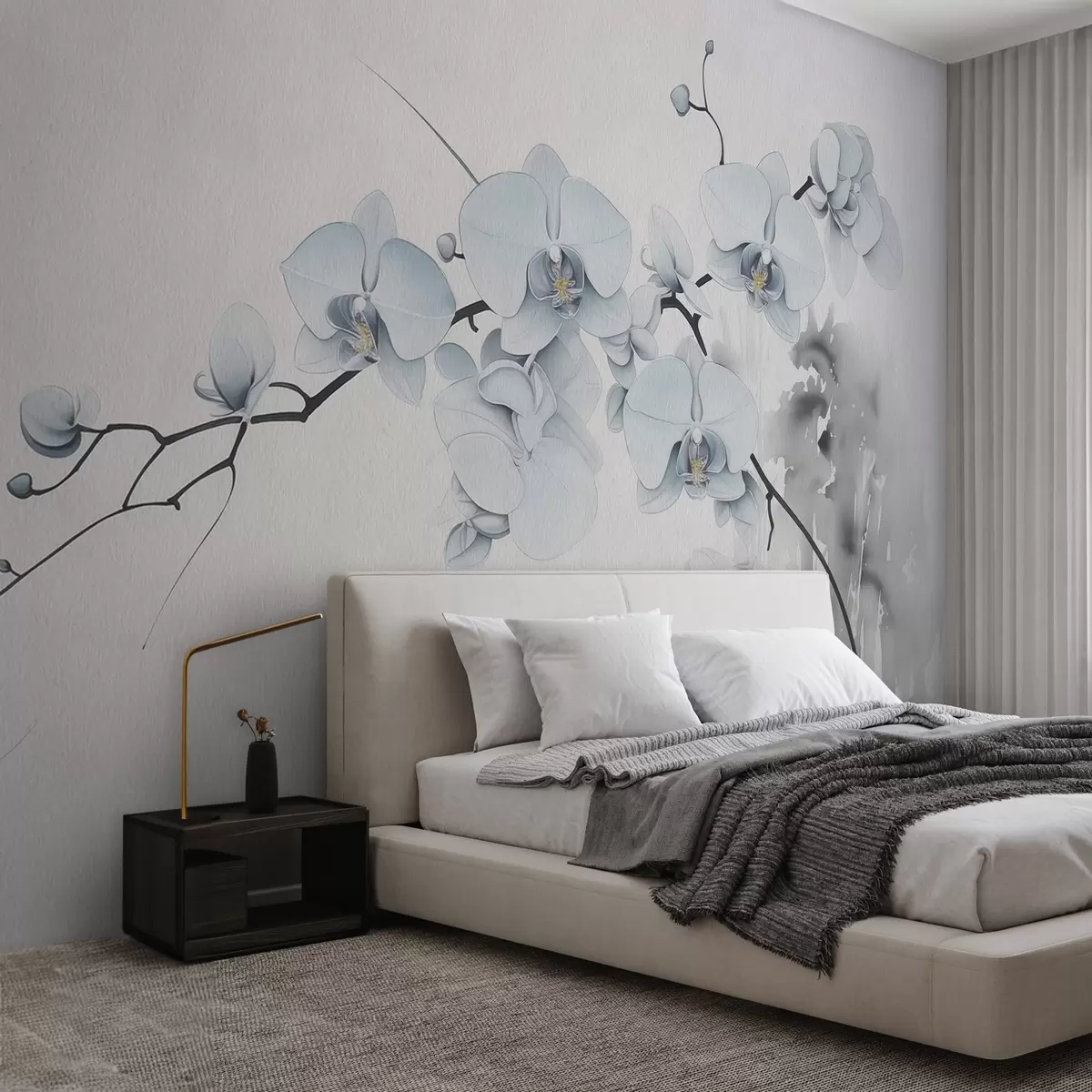 murales de pared Orquídeas en acuarela de estilo japonés sobre fondo claro w03795
