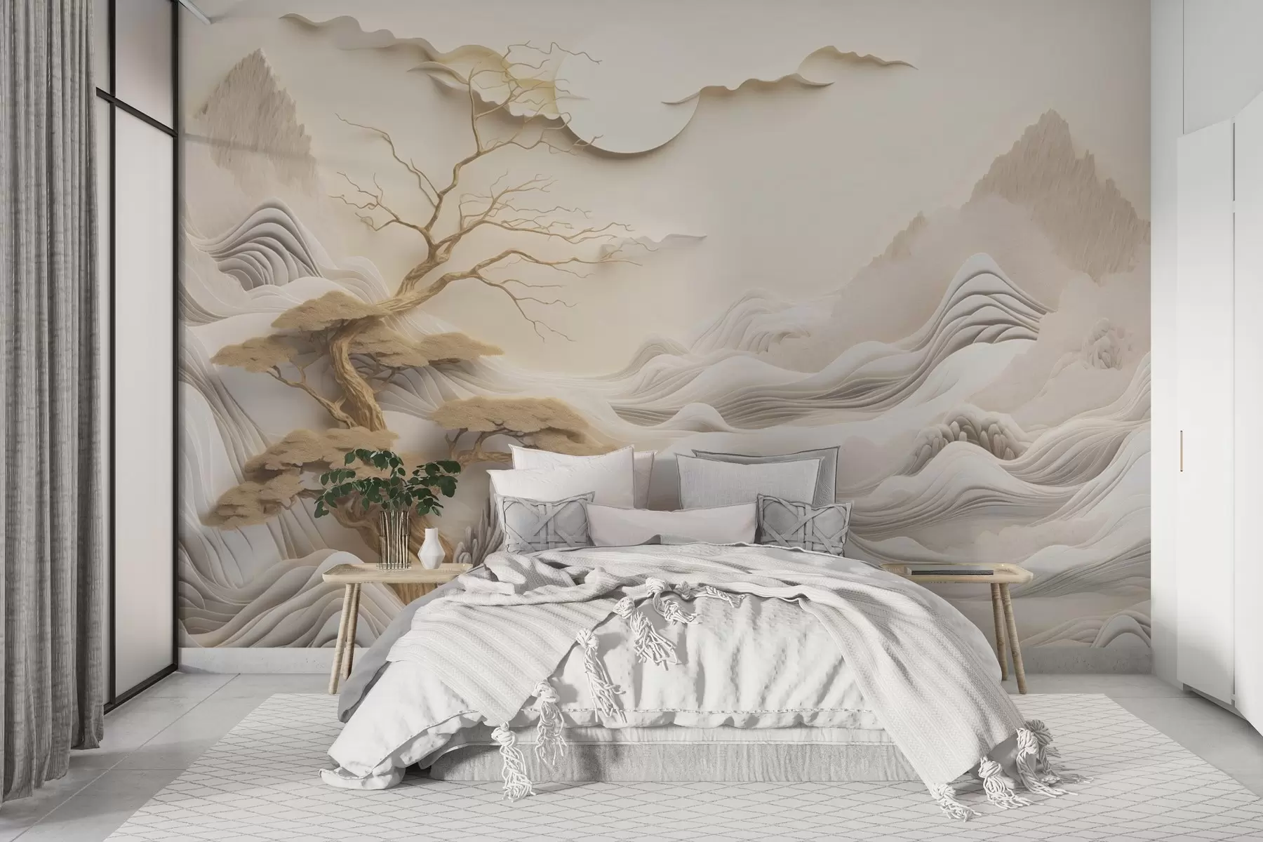 murales de pared Paisaje oriental con árboles y montañas w03803