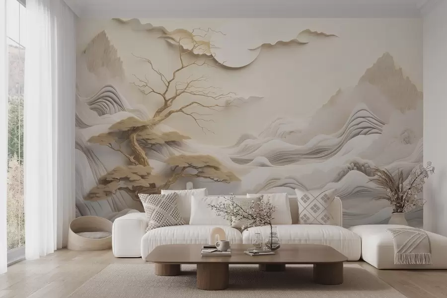 murales de pared Paisaje oriental con árboles y montañas w03803
