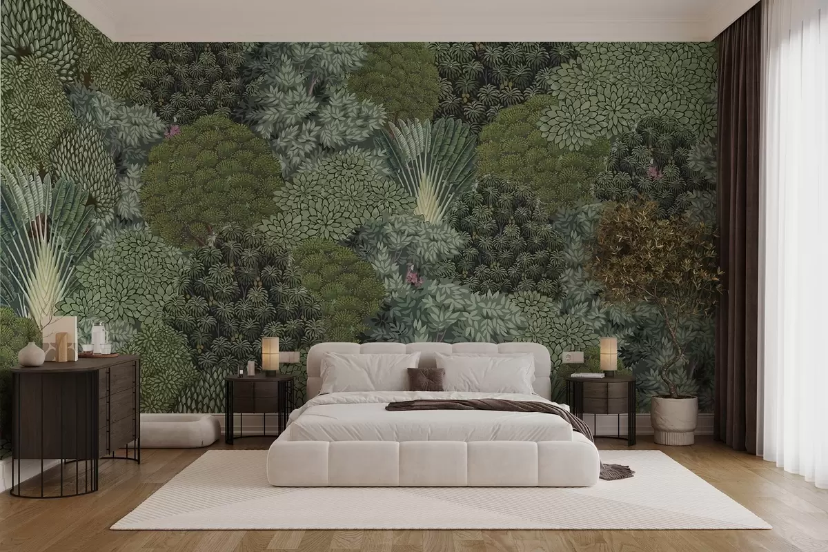 murales de pared Densa selva tropical con árboles detallados w03811