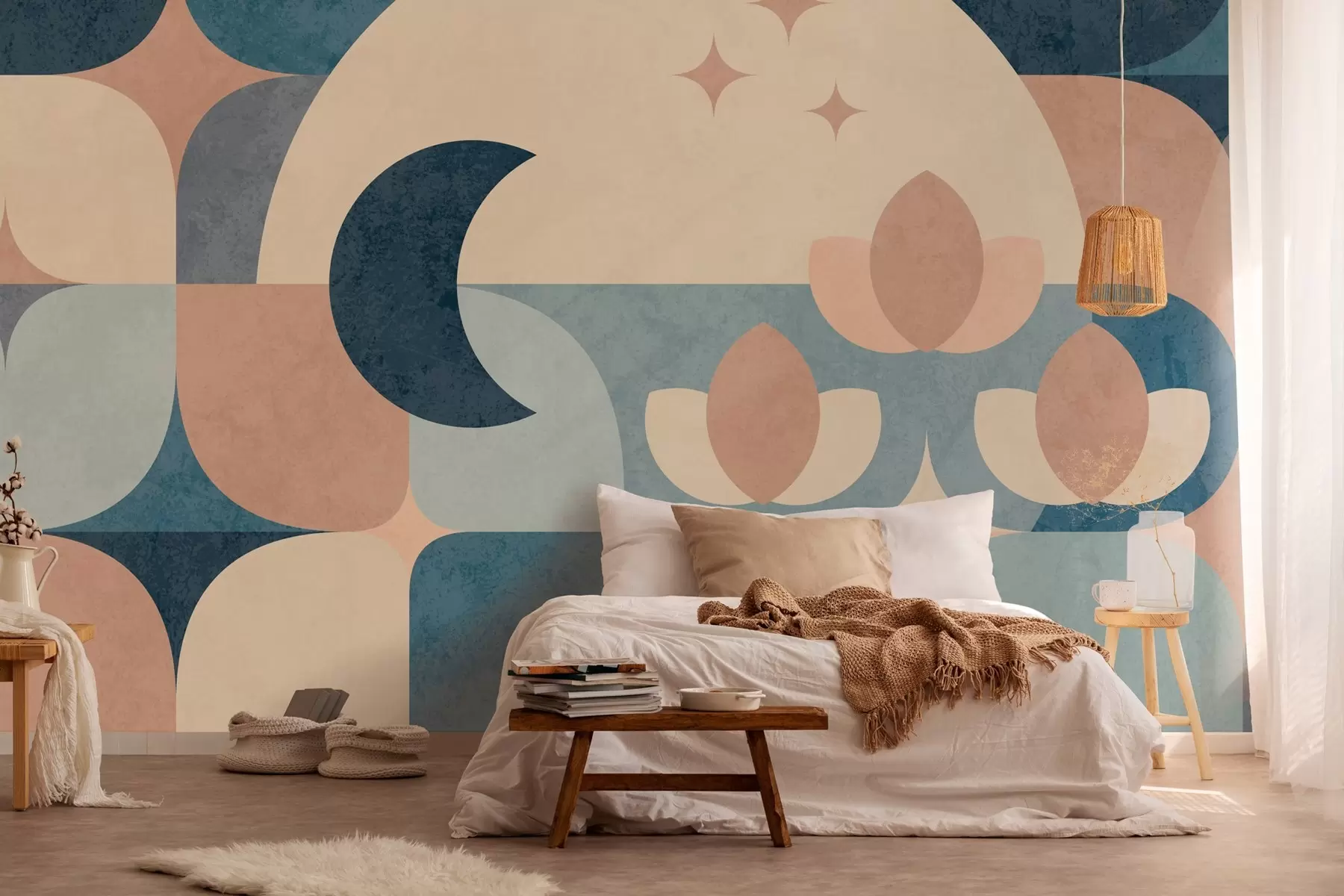 murales de pared abstracción geométrica, donde las formas suaves se entrelazan suavemente con símbolos de la luna, las flores y las estrellas w03723