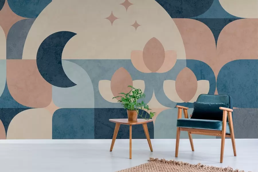 murales de pared abstracción geométrica, donde las formas suaves se entrelazan suavemente con símbolos de la luna, las flores y las estrellas w03723