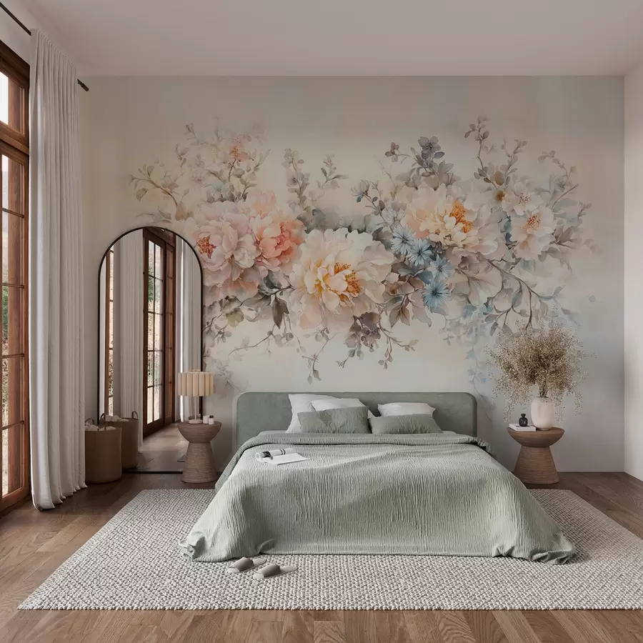 murales de pared delicadas flores estilo acuarela en tonos pastel rosa, beige y azul w03724