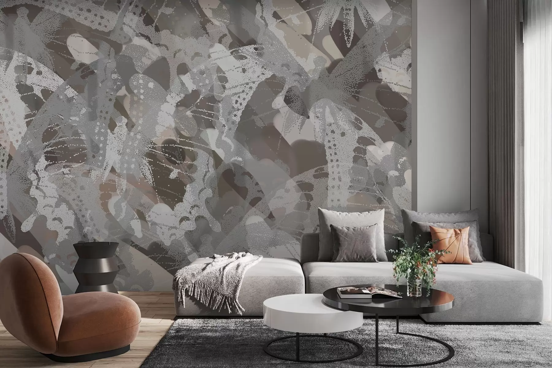 murales de pared abstracción bandada de mariposas en tonos grises y marrones w03725