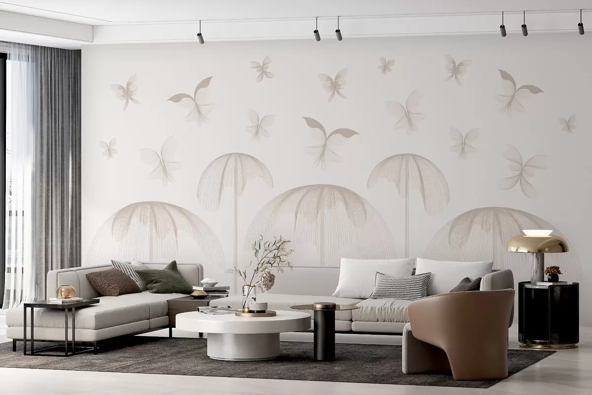 murales de pared papel pintado minimalista lineal mariposas y fuentes sobre fondo lechoso w03762