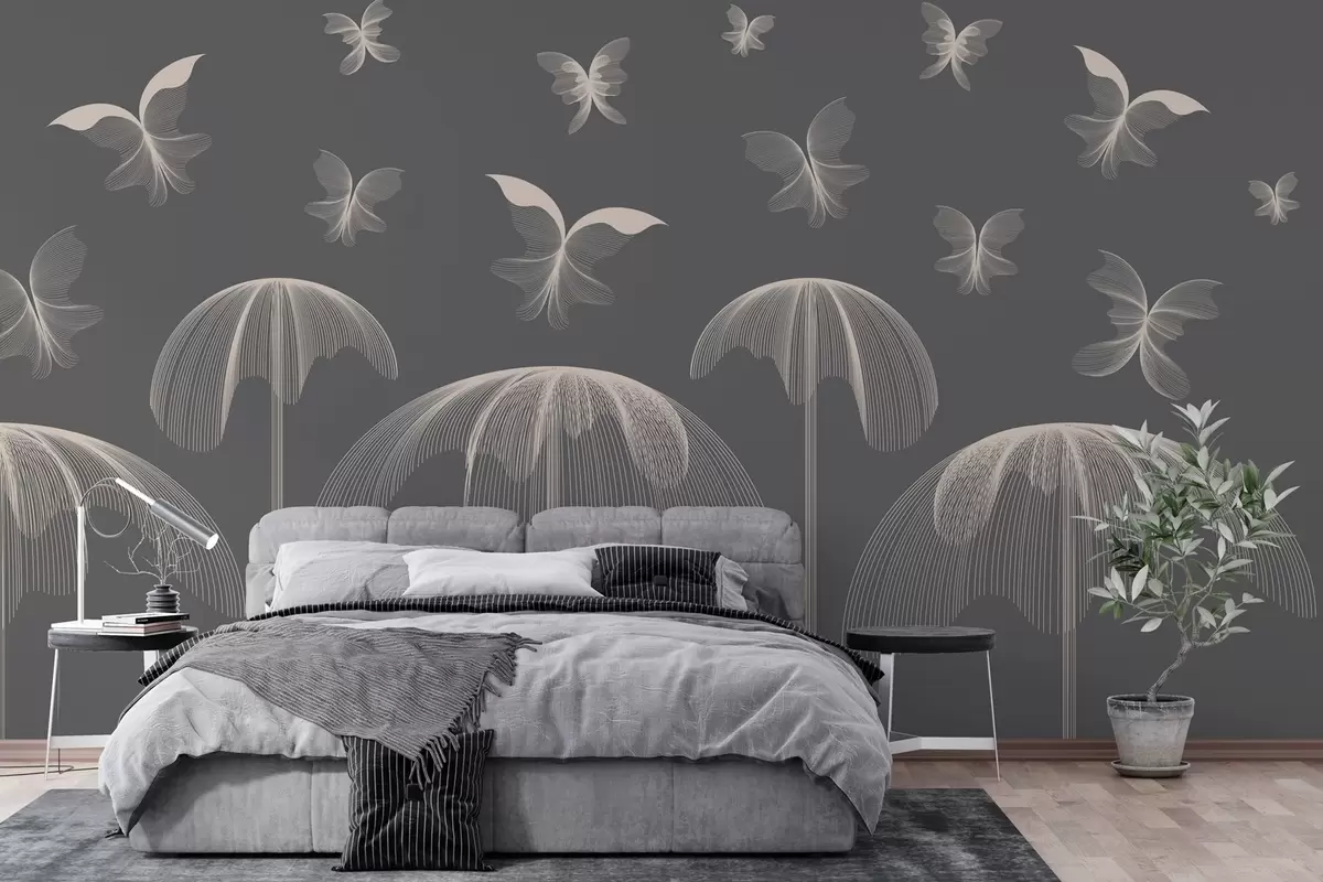 murales de pared papel pintado minimalista lineal mariposas y fuentes sobre fondo gris oscuro w03762v1