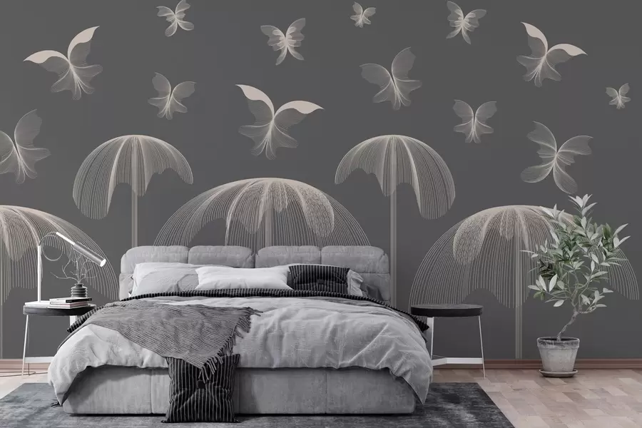 murales de pared papel pintado minimalista lineal mariposas y fuentes sobre fondo gris oscuro w03762v1