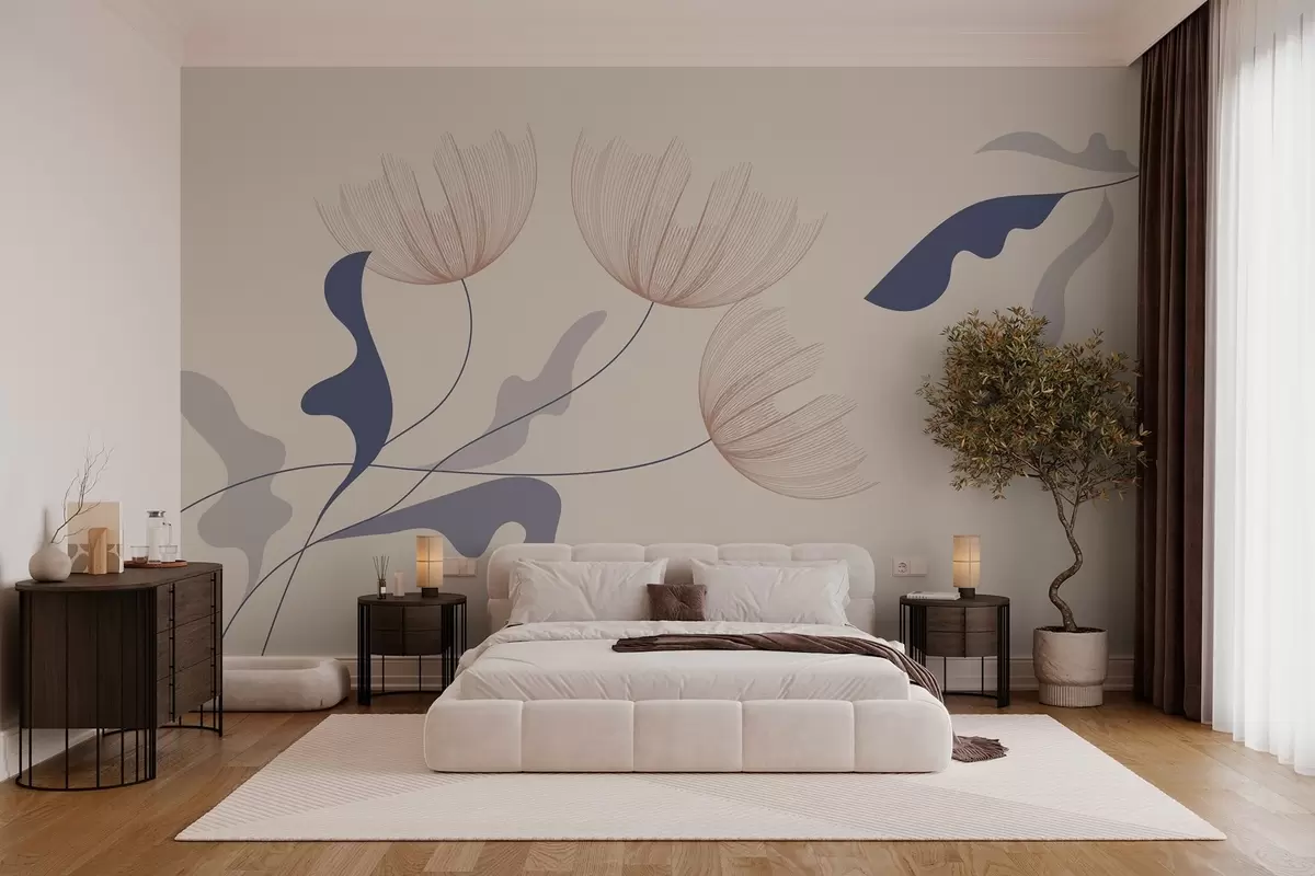 murales de pared elegantes flores minimalistas en tonos azules sobre fondo beige w03763