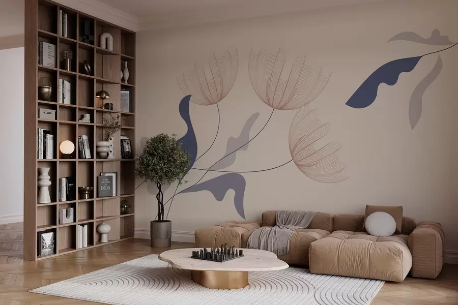murales de pared elegantes flores minimalistas en tonos azules sobre fondo beige w03763