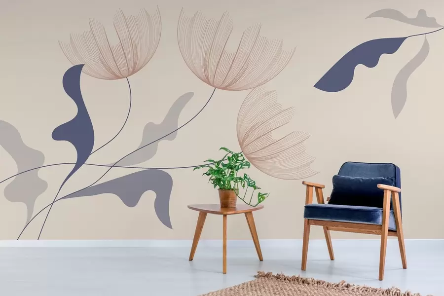 murales de pared elegantes flores minimalistas en tonos azules sobre fondo beige w03763