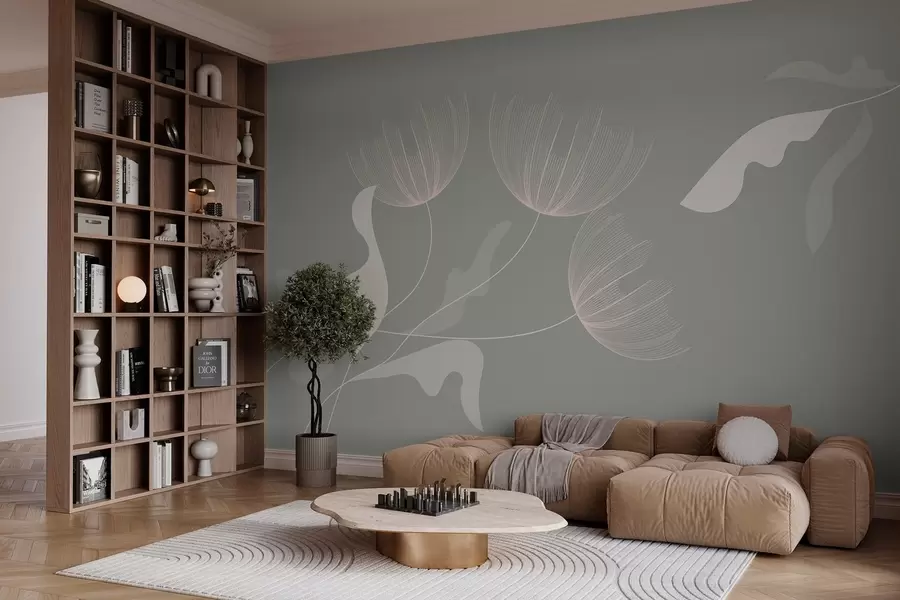 murales de pared elegantes flores minimalistas en tonos verdes sobre fondo beige w03763v2