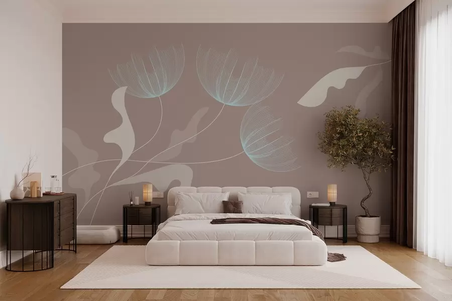 murales de pared elegantes flores minimalistas en tonos blancos y azules sobre fondo moca w03763v3